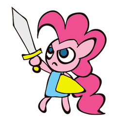 Size: 357x373 | Tagged: safe, pinkie pie, earth pony, pony, g4, bipedal, female, shield, solo, sword