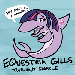 Size: 750x750 | Tagged: safe, artist:chromaflow, twilight sparkle, fish, shark, equestria girls, g4, equestria gills, female, parody, pun, sharkified, solo, species swap, twilight sharkle