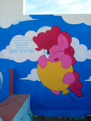 Size: 2448x3264 | Tagged: safe, artist:shinodage, pinkie pie, g4, balloon, irl, motivational, photo, solo, street art, traditional art