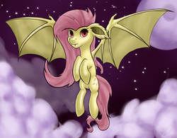 Size: 400x312 | Tagged: safe, artist:krucification, fluttershy, bat pony, pony, vampire, vampony, bats!, g4, cloud, cloudy, female, flutterbat, night, race swap, solo, stars, vampireshy