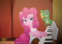 Size: 2362x1671 | Tagged: safe, artist:jcosneverexisted, gummy, pinkie pie, g4, bell, clothes, dress, female, musical instrument, piano