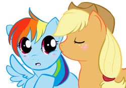 Size: 488x344 | Tagged: safe, artist:lulubell, applejack, rainbow dash, earth pony, pegasus, pony, g4, cheek kiss, duo, eyes closed, female, kissing, lesbian, mare, ship:appledash, shipping, simple background, spread wings, white background, wingboner, wings