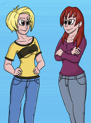 Size: 906x1220 | Tagged: safe, artist:hamflo, human, drawthread, duo, duo female, female, human paradox, lauren faust, requested art, self paradox