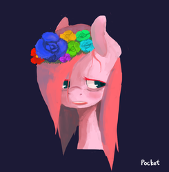 Size: 1089x1112 | Tagged: dead source, safe, artist:berrydrops, pinkie pie, earth pony, pony, g4, female, floral head wreath, flower, mare, pinkamena diane pie, portrait, simple background, solo
