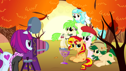 Size: 1280x720 | Tagged: safe, artist:violetclm, cherry crash, drama letter, mystery mint, paisley, sunset shimmer, sweet leaf, watermelody, pony, equestria girls, g4, background human, camera, equestria girls ponified, hanukkah, menorah, ponified, shimmer six