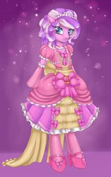 Size: 1542x2454 | Tagged: safe, artist:misukitty, diamond tiara, earth pony, semi-anthro, g4, clothes, cute, diamondbetes, dress, female, filly, foal, lolita fashion, puffy sleeves, solo