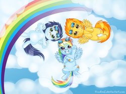 Size: 913x685 | Tagged: safe, artist:tinuleaf, rainbow dash, soarin', spitfire, g4, :o, bandage, bandaid, bandaid on nose, cloud, cloudy, cute, goggles, grin, happy, on back, pointing, rainbow, smiling