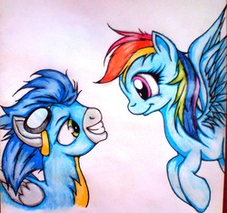 Size: 1744x1629 | Tagged: safe, artist:tomek2289, rainbow dash, soarin', g4, female, male, ship:soarindash, shipping, straight, traditional art