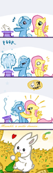 Size: 1547x5000 | Tagged: safe, artist:loukaw, angel bunny, fluttershy, trixie, g4, angry, carrot, comic, cute, eating, food, good end, hat, heart, herbivore, magic, magic trick, pictogram, pile