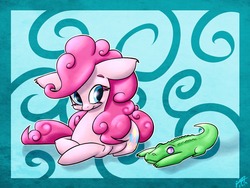 Size: 1280x960 | Tagged: safe, artist:lizzyoli-ravioli, gummy, pinkie pie, g4, abstract background, lying down, ponyloaf, prone