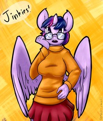 Size: 1050x1229 | Tagged: safe, artist:lizzyoli-ravioli, twilight sparkle, anthro, g4, 30 minute art challenge, adorkable, clothes, cute, dork, female, glasses, looking at you, meganekko, open mouth, scooby-doo!, skirt, solo, speech bubble, sweater, twilight sparkle (alicorn), velma dinkley, wings