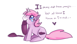 Size: 515x297 | Tagged: safe, oc, oc only, pony, unicorn, clothes, crying, cute, dialogue, heart, slippers, solo, stompy slippers, unusual unicorn