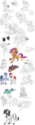 Size: 2000x7101 | Tagged: safe, artist:xenon, anger drop, apple bloom, big macintosh, king sombra, leadwing, pinkie pie, queen chrysalis, rainbow dash, scootaloo, twilight sparkle, oc, earth pony, pony, g4, against glass, alice price, alternate hairstyle, andy price, book, clothes, coat, crossover, crystallized, dialogue, doll, fourth wall, gak, glasses, magic, male, partial color, scarf, sketch dump, stallion