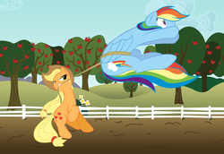 Size: 3672x2532 | Tagged: safe, artist:moonbrony, artist:sokolas, applejack, rainbow dash, g4, apple, colored, fence, flower, lasso, mouth hold, rope, tree