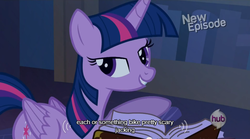 Size: 640x355 | Tagged: safe, screencap, twilight sparkle, alicorn, pony, castle mane-ia, g4, book, female, hub logo, hubble, mare, meme, mlp-captions, solo, twilight sparkle (alicorn), youtube caption