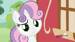 Size: 427x240 | Tagged: safe, screencap, sweetie belle, g4, ponyville confidential, animated, confused, eye, female, hub logo, hubble, solo, the hub, walking