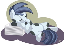 Size: 1386x1000 | Tagged: safe, artist:postscripting, shady daze, g4, ponyville confidential, belly, colt, cute, featureless crotch, ink, male, newspaper, paper, sleeping, solo