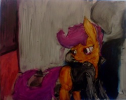 Size: 932x744 | Tagged: safe, artist:sparkafterdark, scootaloo, g4, clothes, drugs, female, jacket, leather jacket, smoking, solo