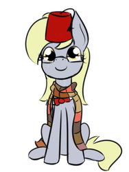 Size: 435x579 | Tagged: safe, artist:lilliesinthegarden, derpy hooves, pegasus, pony, g4, accessory swap, adorkable, bowtie, clothes, cute, derpabetes, doctor who, dork, female, fez, glasses, hat, implied doctor whooves, looking at you, mare, request, scarf, sitting, smiling, solo, the derptor
