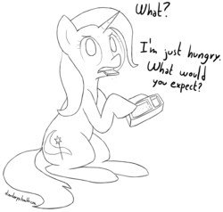 Size: 1279x1219 | Tagged: safe, artist:dinoderp, trixie, pony, unicorn, g4, 30 minute art challenge, female, mare, monochrome, peanut butter crackers, solo