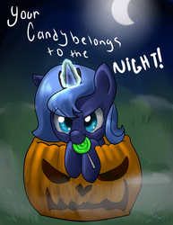 Size: 2975x3850 | Tagged: safe, artist:annakitsun3, princess luna, pony, g4, cute, dialogue, female, filly, jack-o-lantern, lollipop, magic, moon, night, nightmare night, pumpkin, solo, woona