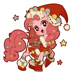Size: 660x668 | Tagged: dead source, safe, artist:うめぐる, part of a set, pinkie pie, earth pony, pony, g4, boots, bow, christmas, clothes, cute, diapinkes, dress, female, hat, looking at you, shoes, socks, solo, stars, striped socks, winter