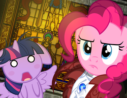 Size: 2104x1621 | Tagged: safe, artist:pixelkitties, pinkie pie, twilight sparkle, alicorn, pony, g4, blushing, castlevania, castlevania: symphony of the night, clothes, dracula, female, mare, shocked, twilight sparkle (alicorn)