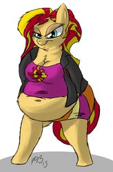 Size: 840x1280 | Tagged: dead source, safe, artist:093, sunset shimmer, unicorn, anthro, g4, belly, belly button, breasts, cleavage, clothes, equestria girls outfit, fat, female, muffin top, obese, slobset shimmer, solo