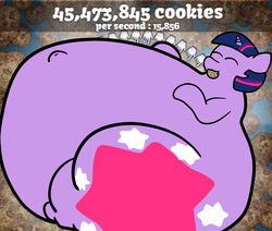 Size: 1280x1086 | Tagged: safe, artist:askchubbytwilight, artist:sonicffvii, twilight sparkle, g4, belly button, cookie, cookie clicker, fat, female, immobile, morbidly obese, numbers, obese, solo, twilard sparkle, weight gain