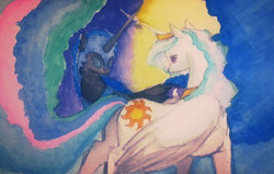 Size: 800x510 | Tagged: safe, artist:sugarheartart, nightmare moon, princess celestia, g4, duality, long tail, traditional art, watercolor painting