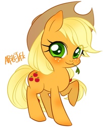 Size: 650x801 | Tagged: safe, artist:qpqp, applejack, earth pony, pony, g4, blushing, cute, female, jackabetes, looking at you, mouth hold, raised hoof, simple background, smiling, solo, white background