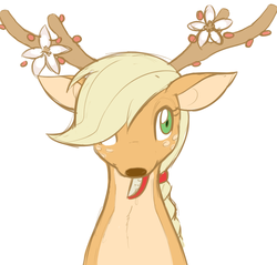 Size: 773x739 | Tagged: safe, artist:tsumini, applejack, deer, g4, deerified, female, flower, food, mouth hold, portrait, simple background, solo, species swap