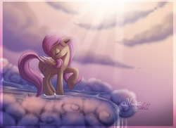 Size: 1024x745 | Tagged: safe, artist:hecatehell, fluttershy, g4, cloud, cloudy, crepuscular rays, eyes closed, female, solo, water