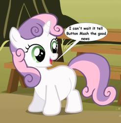 Size: 1204x1220 | Tagged: safe, edit, sweetie belle, pony, unicorn, g4, background pony strikes again, female, filly, grammar error, male, preggy belle, pregnant, pregnant edit, pregnant foal, ship:sweetiemash, solo, speech bubble, straight