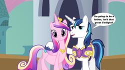 Size: 1956x1094 | Tagged: safe, edit, edited screencap, screencap, princess cadance, queen chrysalis, shining armor, a canterlot wedding, g4, background pony strikes again, disguise, disguised changeling, fake cadance, pregnant, pregnant edit