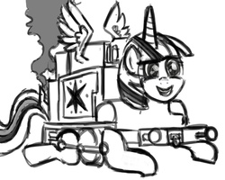 Size: 1800x1440 | Tagged: artist needed, safe, hybrid, female, interspecies offspring, monochrome, offspring, parent:thomas the tank engine, parent:twilight sparkle, solo, this isn't even my final form, wat, what has science done, why
