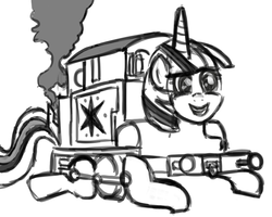 Size: 1800x1440 | Tagged: safe, twilight sparkle, g4, crack shipping, crossover, female, monochrome, offspring, solo, this isn't even my final form, thomas the tank engine, wat, why