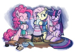 Size: 1280x892 | Tagged: safe, artist:king-kakapo, fluttershy, pinkie pie, twilight sparkle, earth pony, pegasus, pony, unicorn, g4, #1, bottomless, chocolate, clothes, cream, drink, fire, food, hot chocolate, licking lips, marshmallow, mug, partial nudity, scarf, steam, sweater, sweatershy, unicorn twilight