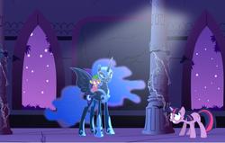 Size: 1135x722 | Tagged: safe, artist:chevistian, nightmare moon, spike, twilight sparkle, g4, pillar, trio