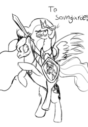 Size: 959x1387 | Tagged: safe, princess celestia, princess luna, g4, celestia riding luna, frown, looking back, monochrome, open mouth, ponies riding ponies, rearing, riding, shield, skyrim, sovngarde, sword, talking, the elder scrolls, yelling