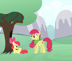 Size: 902x756 | Tagged: safe, artist:linkandrutofan, apple bloom, earth pony, pony, g4, duality, female, filly, implied time travel, mare, older, older apple bloom, time paradox, time travel, tree