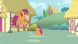 Size: 2000x1129 | Tagged: safe, artist:linkandrutofan, scootaloo, g4, bush, duality, older, older scootaloo, scootaloo can fly, smiling, time paradox, time travel