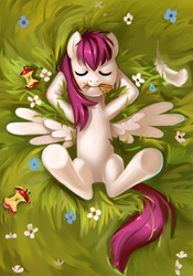 Size: 698x1000 | Tagged: safe, artist:mew, oc, oc only, apple, arm behind head, eating, hay, herbivore, solo, underhoof