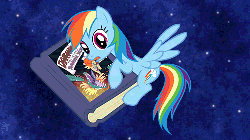 Size: 500x281 | Tagged: safe, artist:weegygreen2, daring do, rainbow dash, g4, animated, book, derp, female, flapping, licking, loop, space, wat