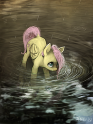 Size: 1200x1600 | Tagged: safe, artist:imalou, fluttershy, pegasus, pony, g4, female, mare, rain, solo, water