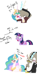 Size: 861x1716 | Tagged: safe, artist:mechathefox, discord, princess celestia, twilight sparkle, g4, blushing, caught, clothes, comic, dialogue, female, male, ship:dislestia, shipping, straight, suit, surprised