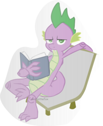 Size: 483x592 | Tagged: safe, artist:mechathefox, spike, g4, book, chair, looking at you, male, older, older spike, partially transparent background, sitting, solo, unamused