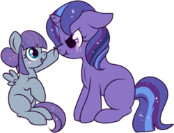 Size: 472x361 | Tagged: safe, artist:lulubell, oc, oc only, oc:moonlight eve, oc:serene skies, pegasus, pony, unicorn, :t, angry, blank flank, boop, cute, ears back, eye contact, filly, glare, looking at each other, magical lesbian spawn, next generation, nose wrinkle, offspring, open mouth, parent:princess luna, parent:twilight sparkle, parents:twiluna, scrunchy face, simple background, sisters, sitting, smiling, spread wings, transparent background