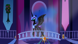 Size: 3840x2160 | Tagged: safe, artist:eirexe, nightmare moon, g4, balcony, female, flash, solo, town hall