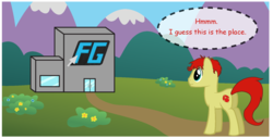 Size: 1600x812 | Tagged: safe, artist:fureox, oc, oc only, earth pony, pony, building, bush, comic, comic sans, door, filly gamez, flower, male, mountain, office, sethisto, solo, stallion, text